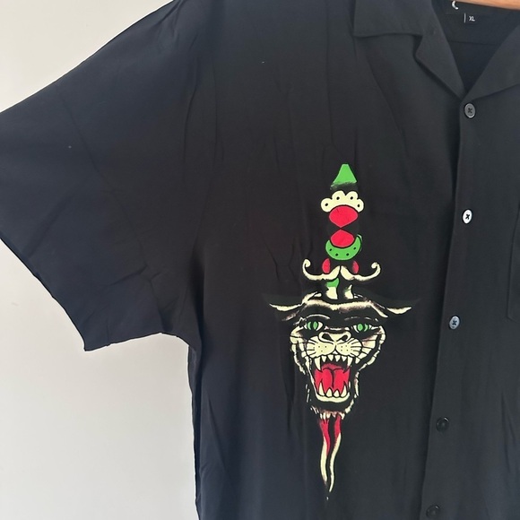 Ed Hardy Love Kills Slowly Woven Black Short Sleeve Button Up Camp Shirt XL - Picture 5 of 15